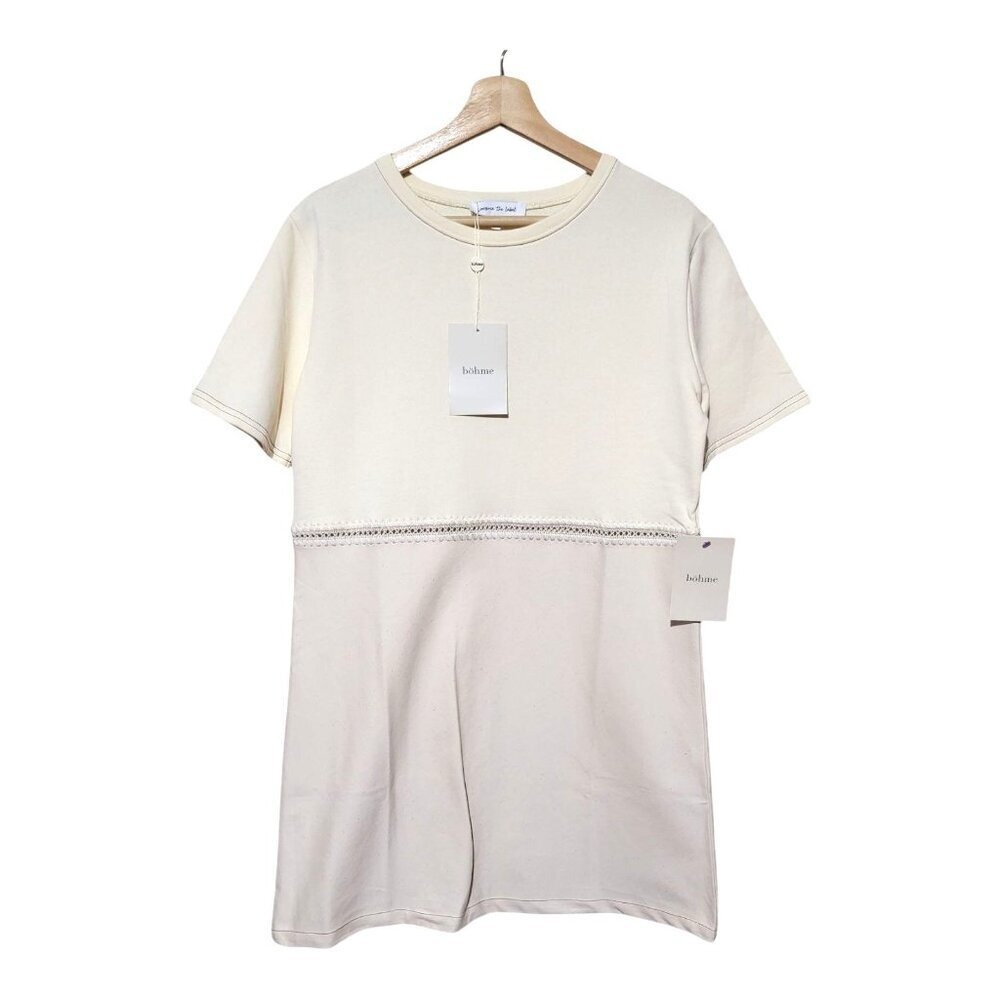 Böhme Womens L‎ Cream Two-Tone Short Sleeve Dress With Lace Trim Detail New